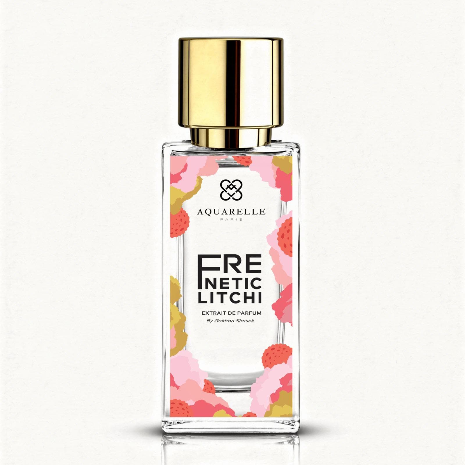 Flacon du parfum Frenetic Litchi, extrait de parfum Aquarelle Paris, bouchon doré et étiquette fleurie rose et corail sur fond clair