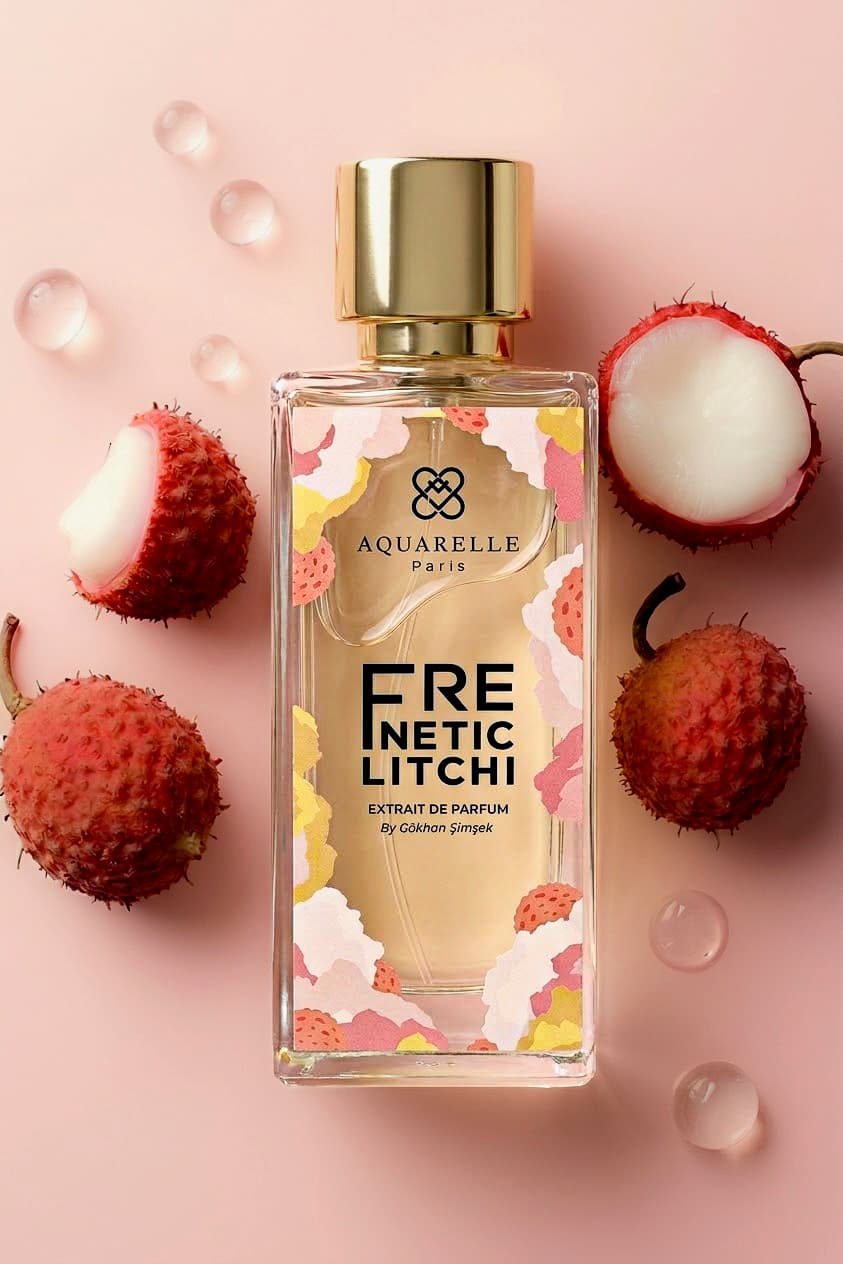 Flacon de Frenetic Litchi entouré de gouttes d'eau et de litchis coupés, sur fond rose clair
